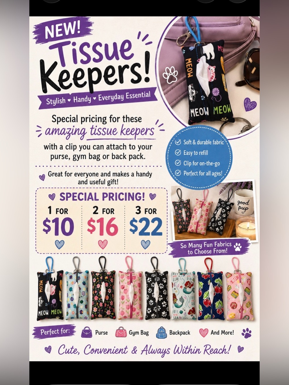 Handmade Tissue Keeper with Clip Keychain - Pick 2 for $16